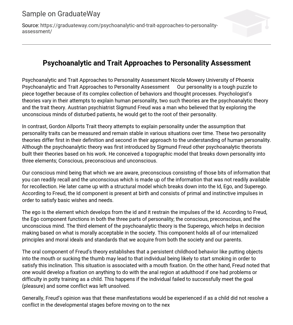 Psychoanalytic and Trait Approaches to Personality Assessment