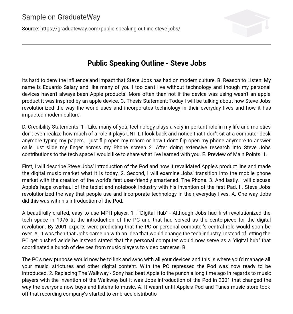 Public Speaking Outline – Steve Jobs Research Paper