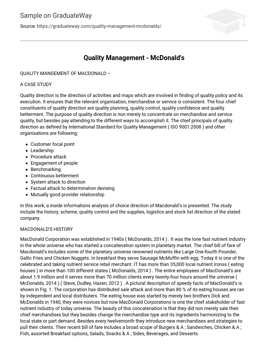 Quality Management – McDonald’s