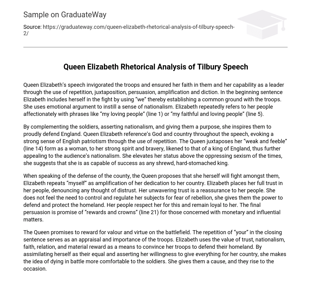 Queen Elizabeth Rhetorical Analysis of Tilbury Speech