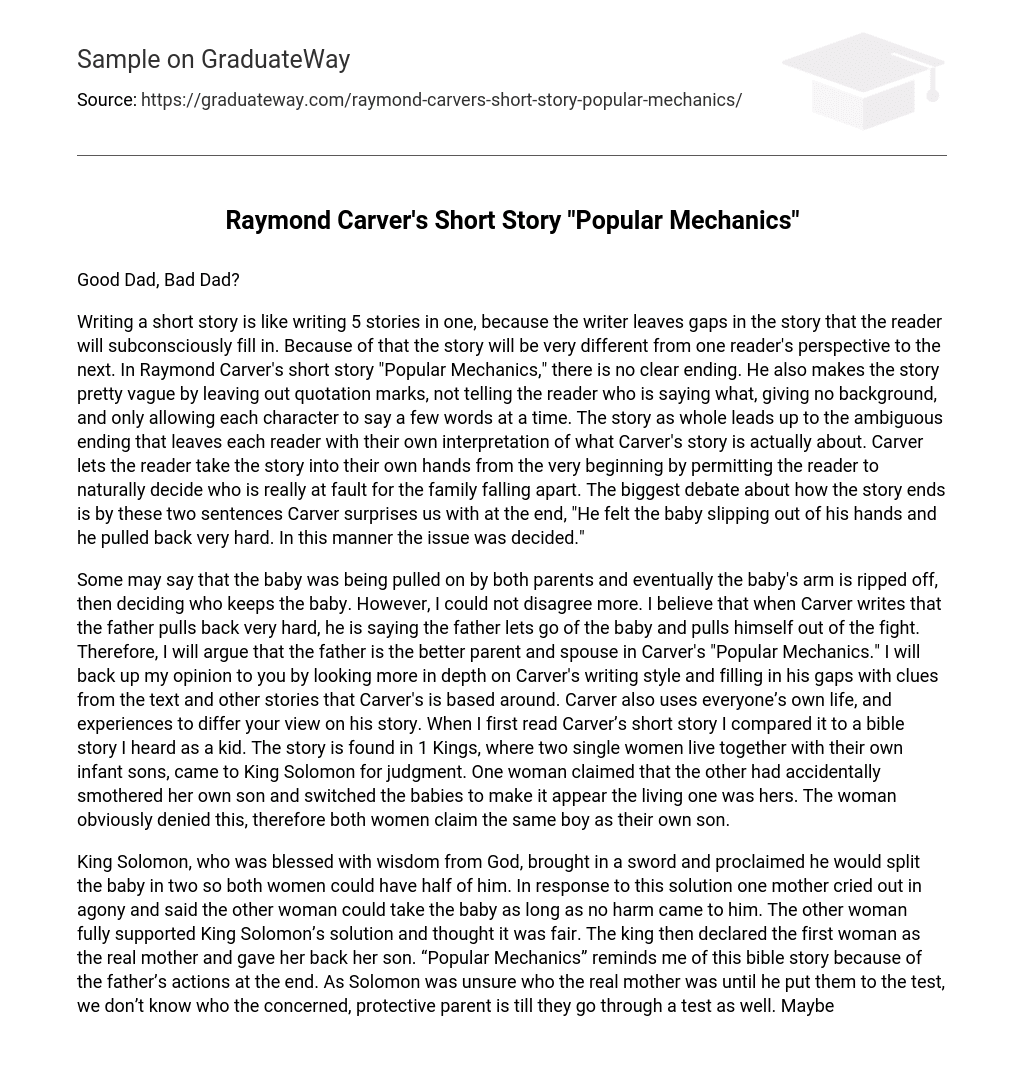 Raymond Carver’s Short Story “Popular Mechanics” Analysis