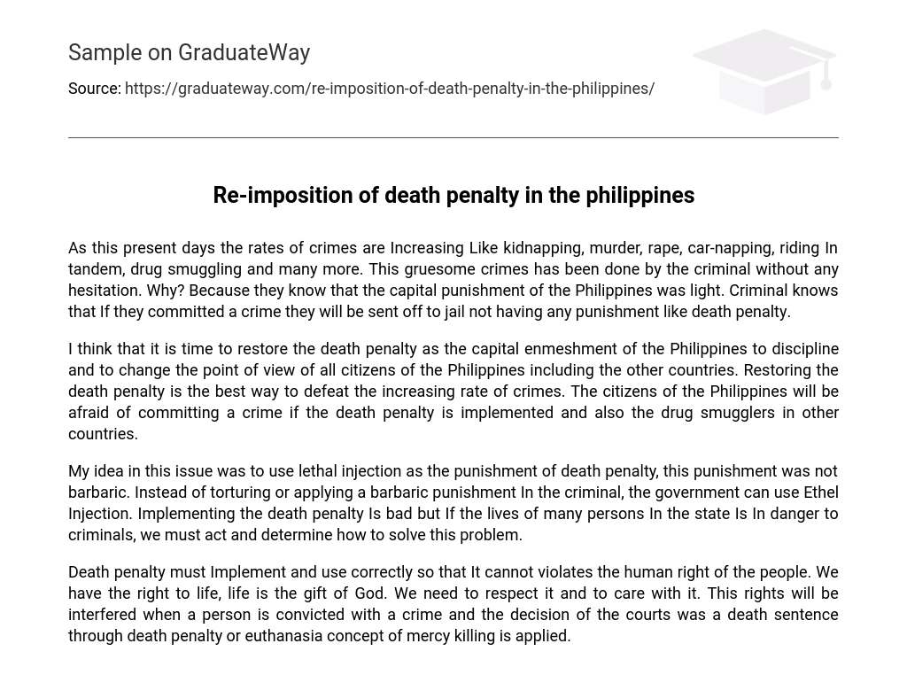 Re-imposition of death penalty in the philippines Argumentative Essay