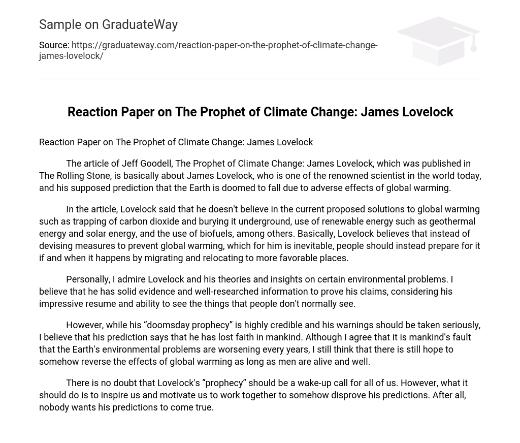 Reaction Paper on The Prophet of Climate Change: James Lovelock