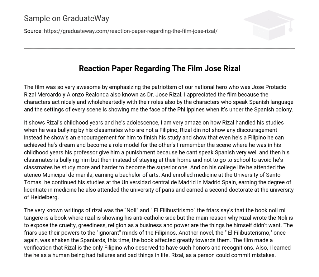 Reaction Paper Regarding The Film Jose Rizal