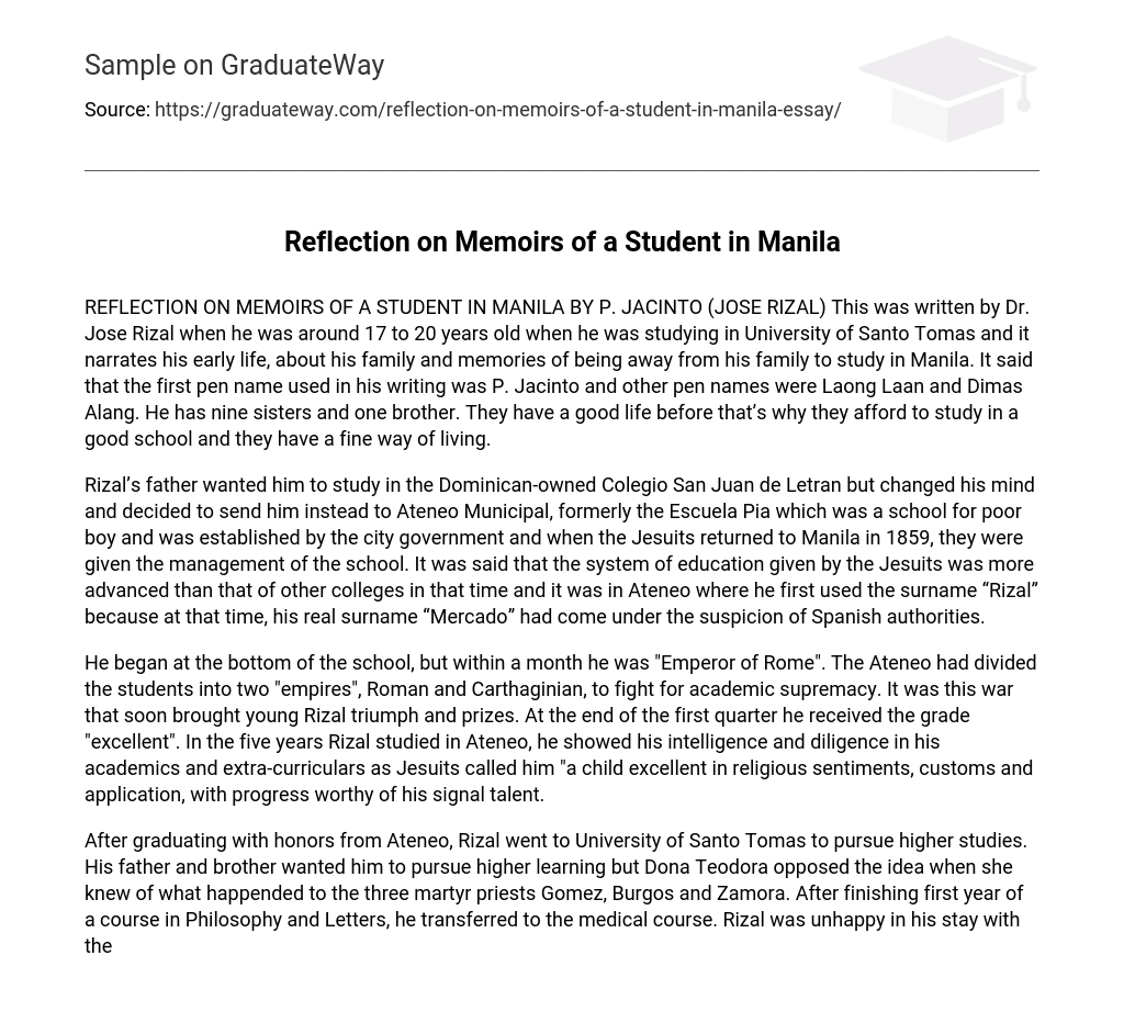 Reflection on Memoirs of a Student in Manila