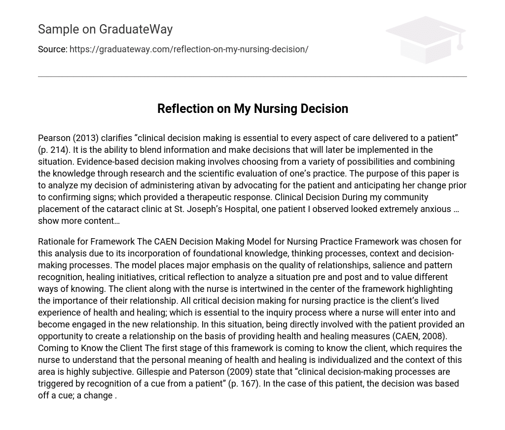 Reflection on My Nursing Decision