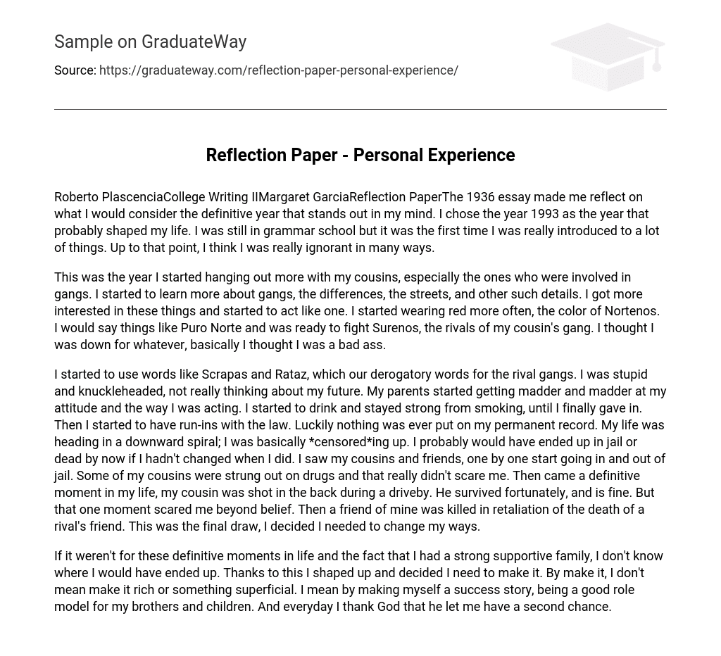 Reflection Paper – Personal Experience