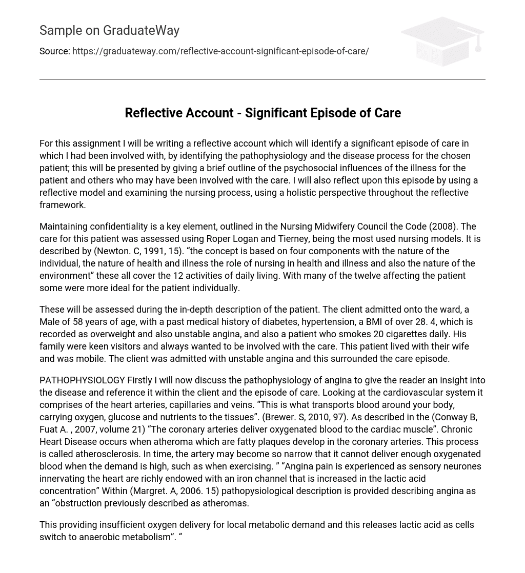 Reflective Account Significant Episode Of Care Free Essay Example 