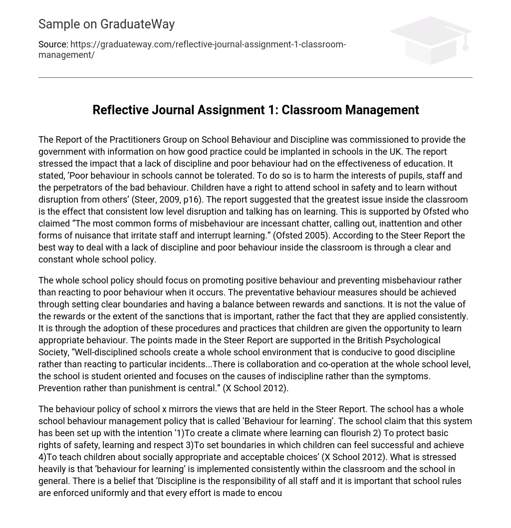 Reflective Journal Assignment 1: Classroom Management