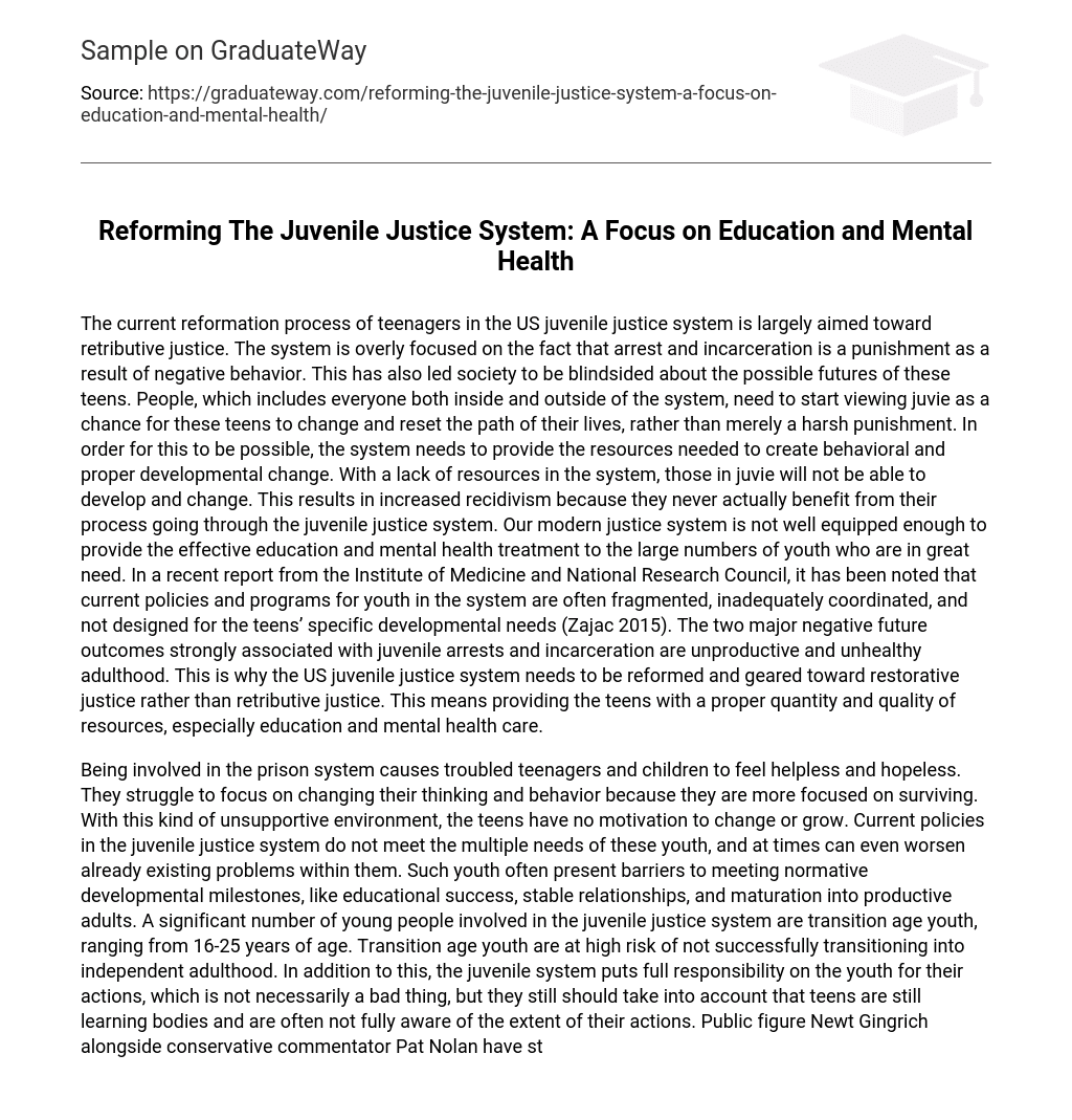 Reforming The Juvenile Justice System: A Focus on Education and Mental Health