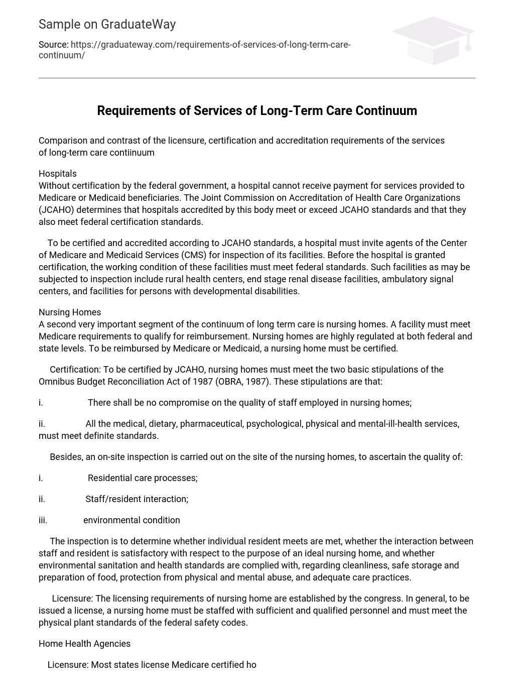 Requirements of Services of Long-Term Care Continuum