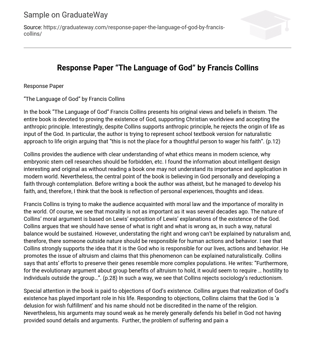 Response Paper “The Language of God” by Francis Collins