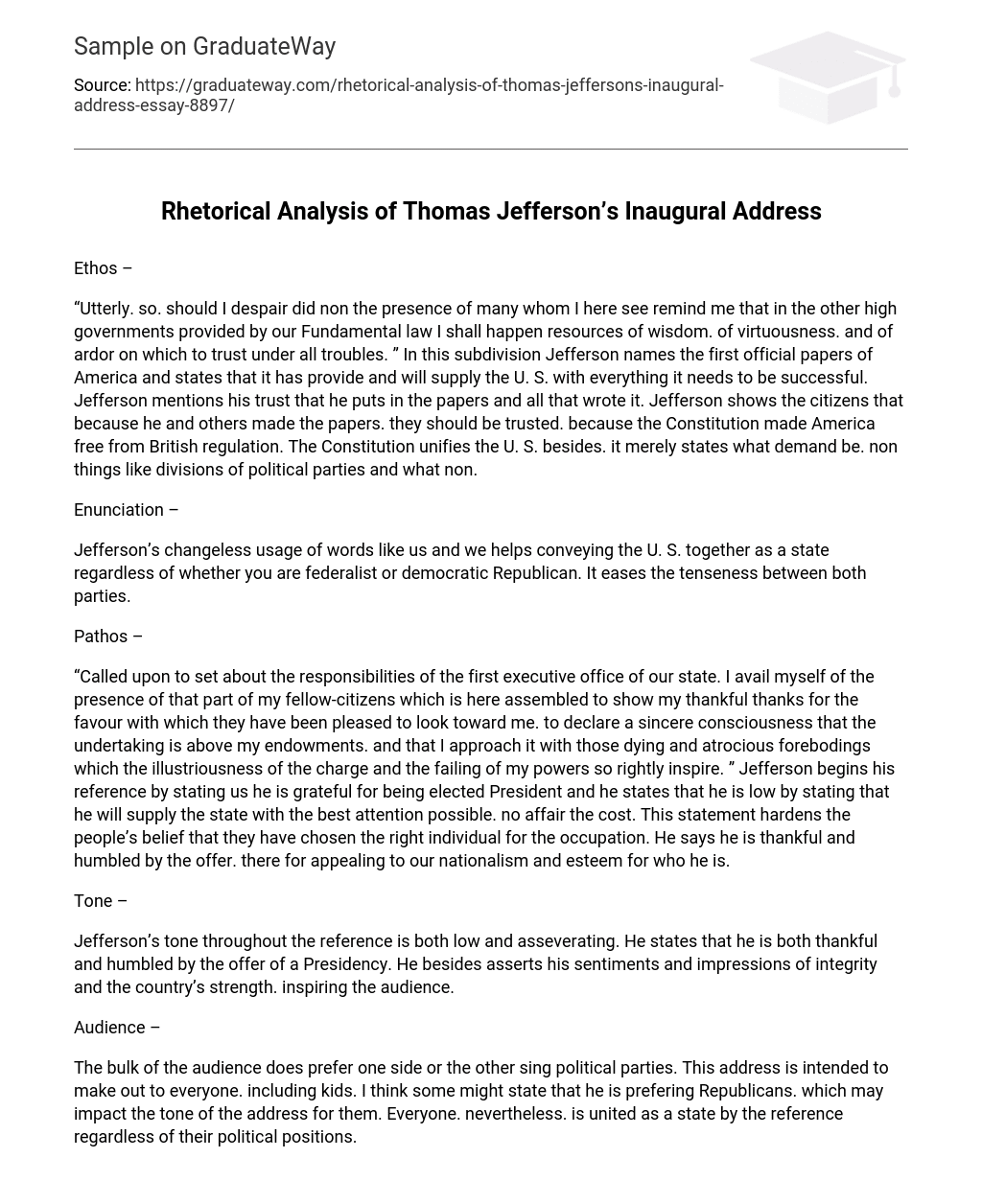 Rhetorical Analysis of Thomas Jefferson’s Inaugural Address