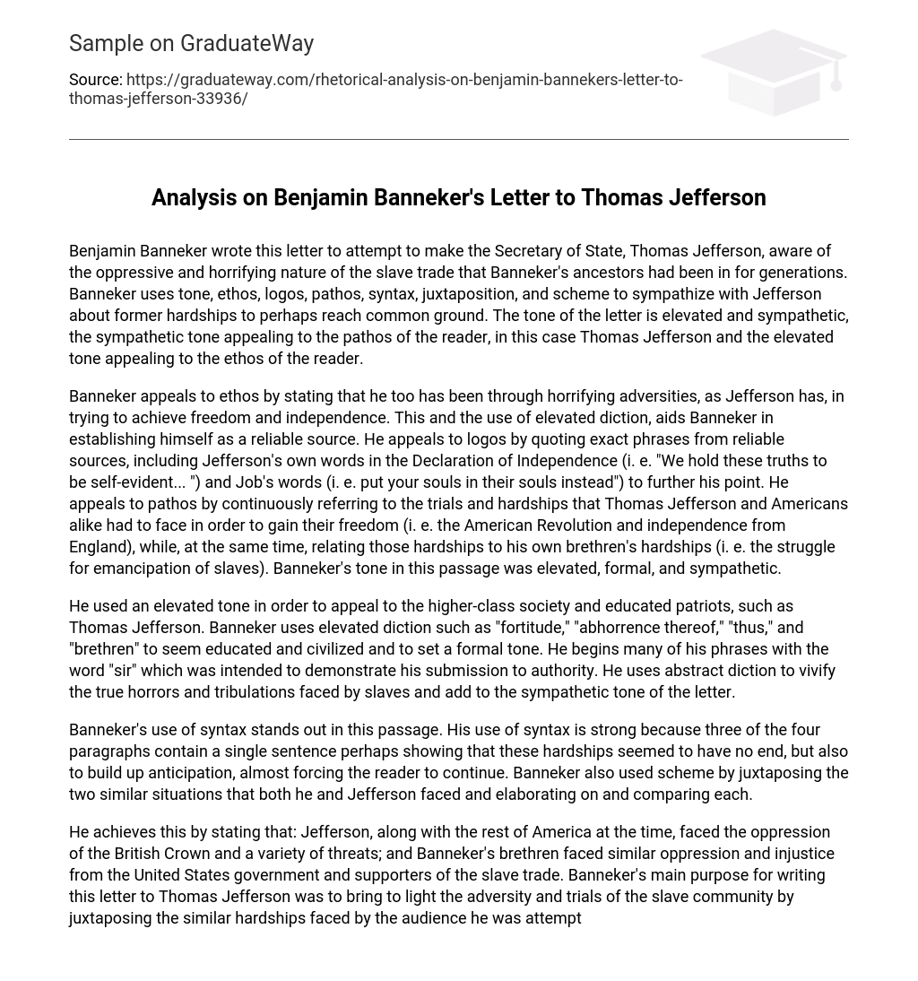 Analysis on Benjamin Banneker’s Letter to Thomas Jefferson