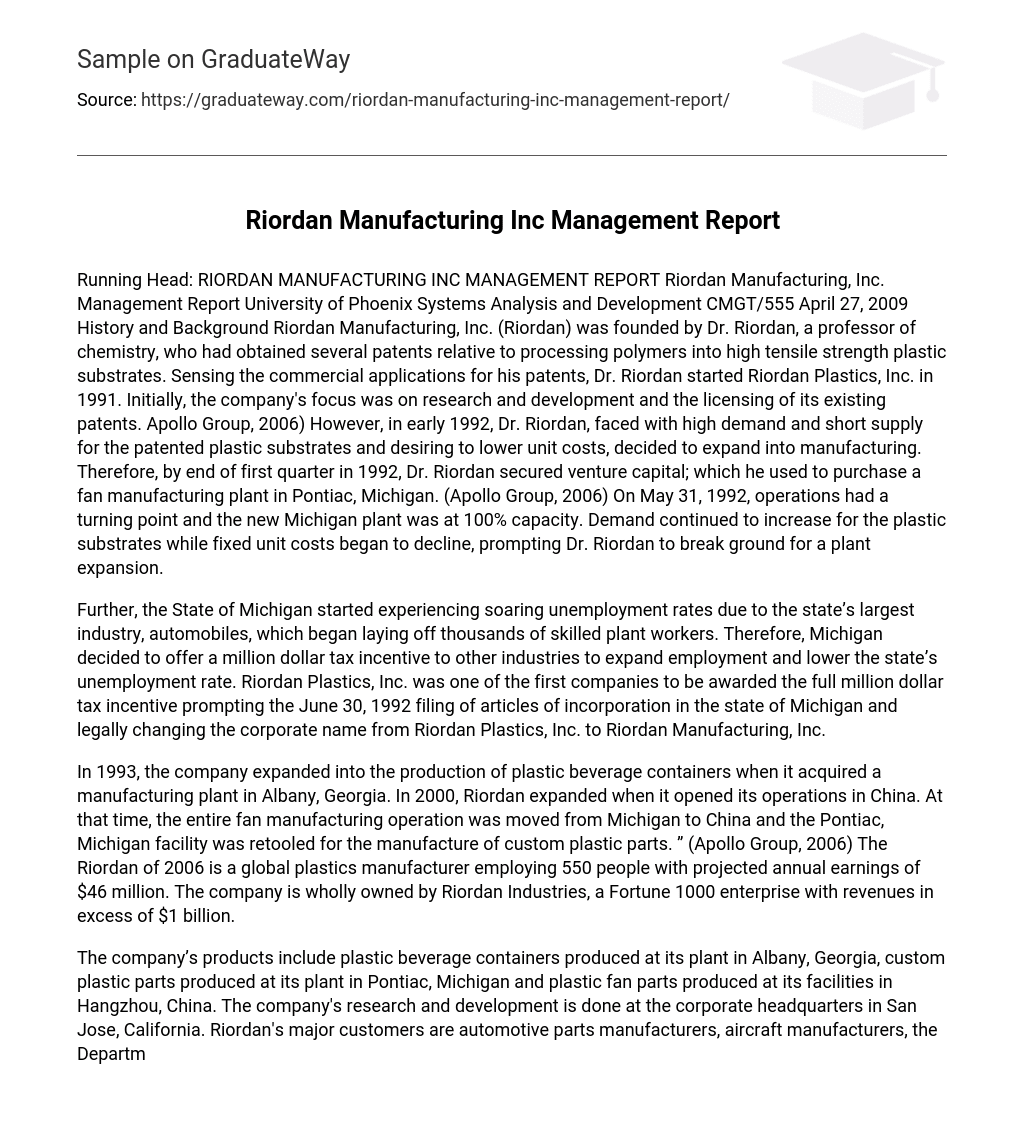 Riordan Manufacturing Inc Management Report