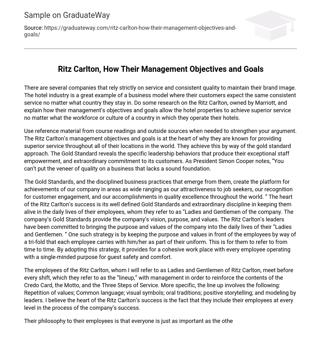 Ritz Carlton, How Their Management Objectives and Goals