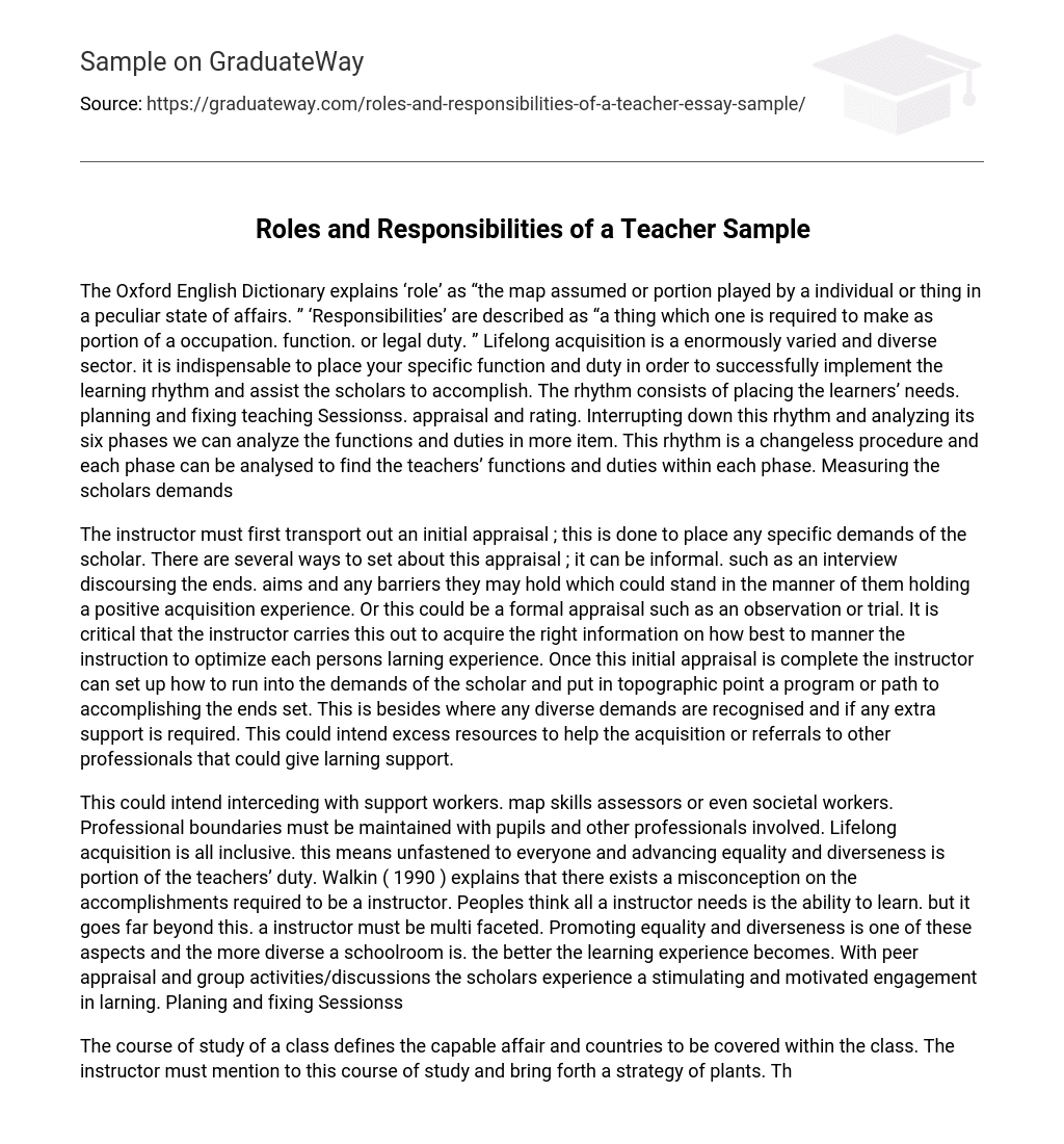 Roles and Responsibilities of a Teacher Sample
