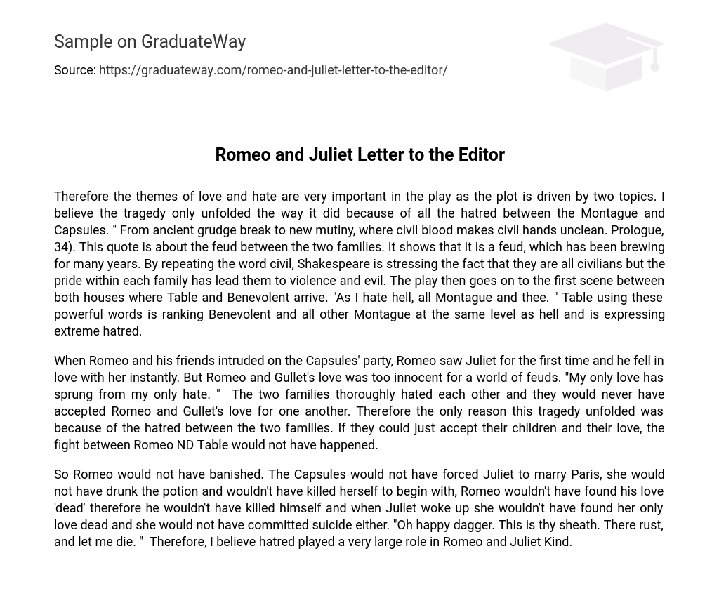Romeo and Juliet Letter to the Editor