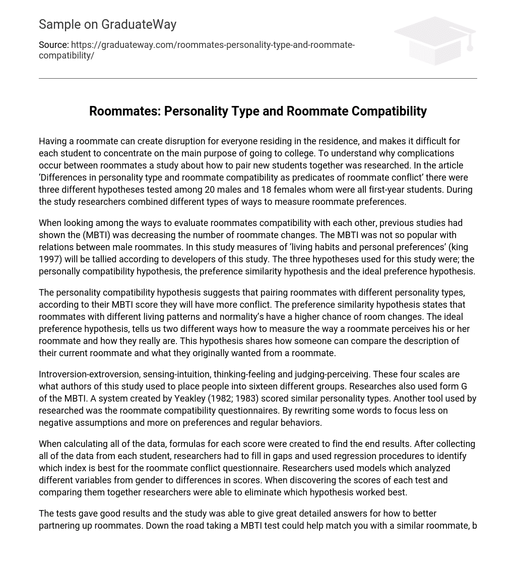 Roommates: Personality Type and Roommate Compatibility