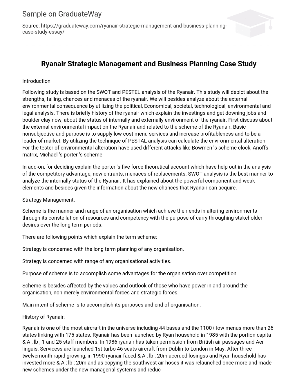 Ryanair Strategic Management and Business Planning Case Study