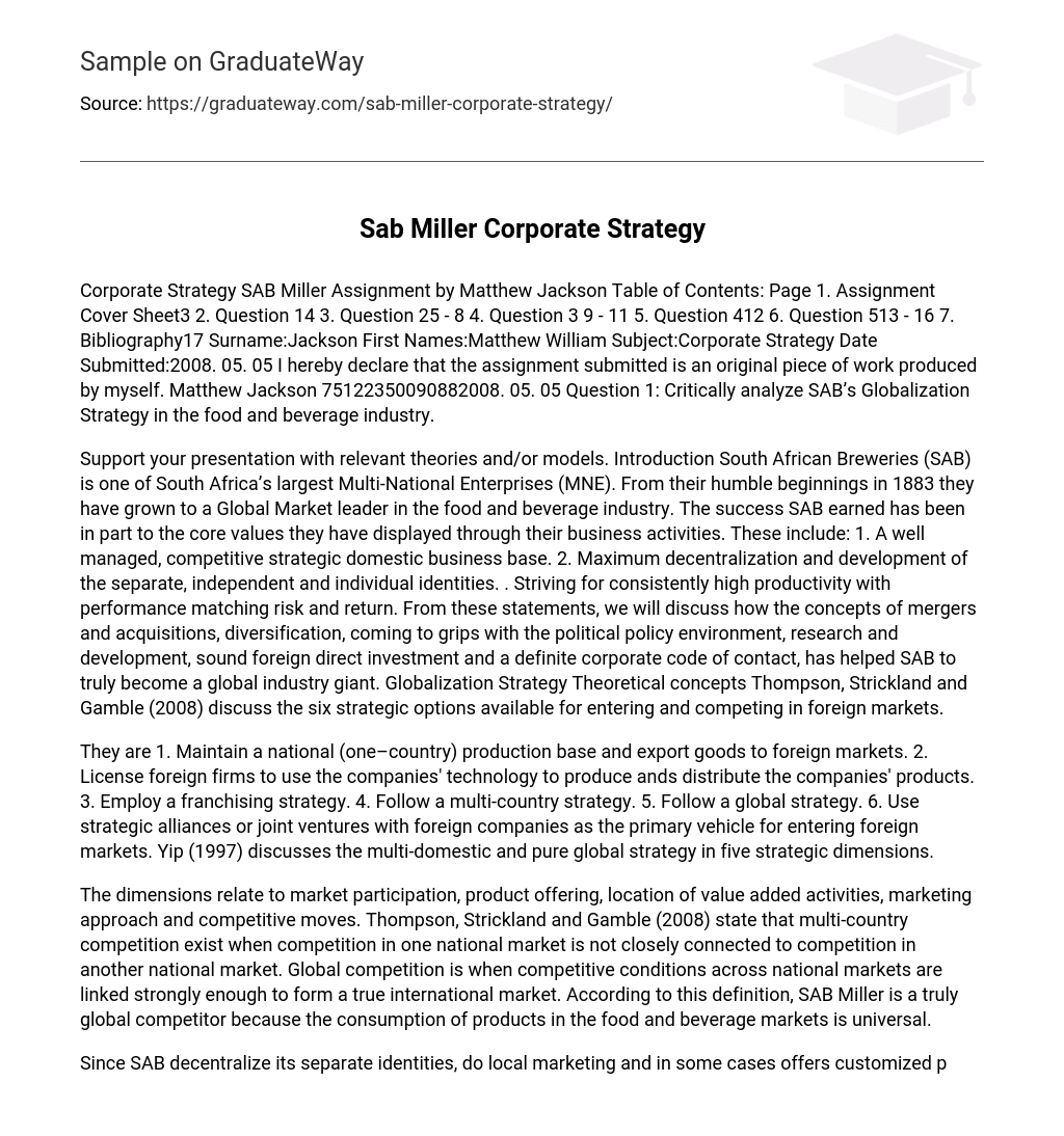 Sab Miller Corporate Strategy Analysis