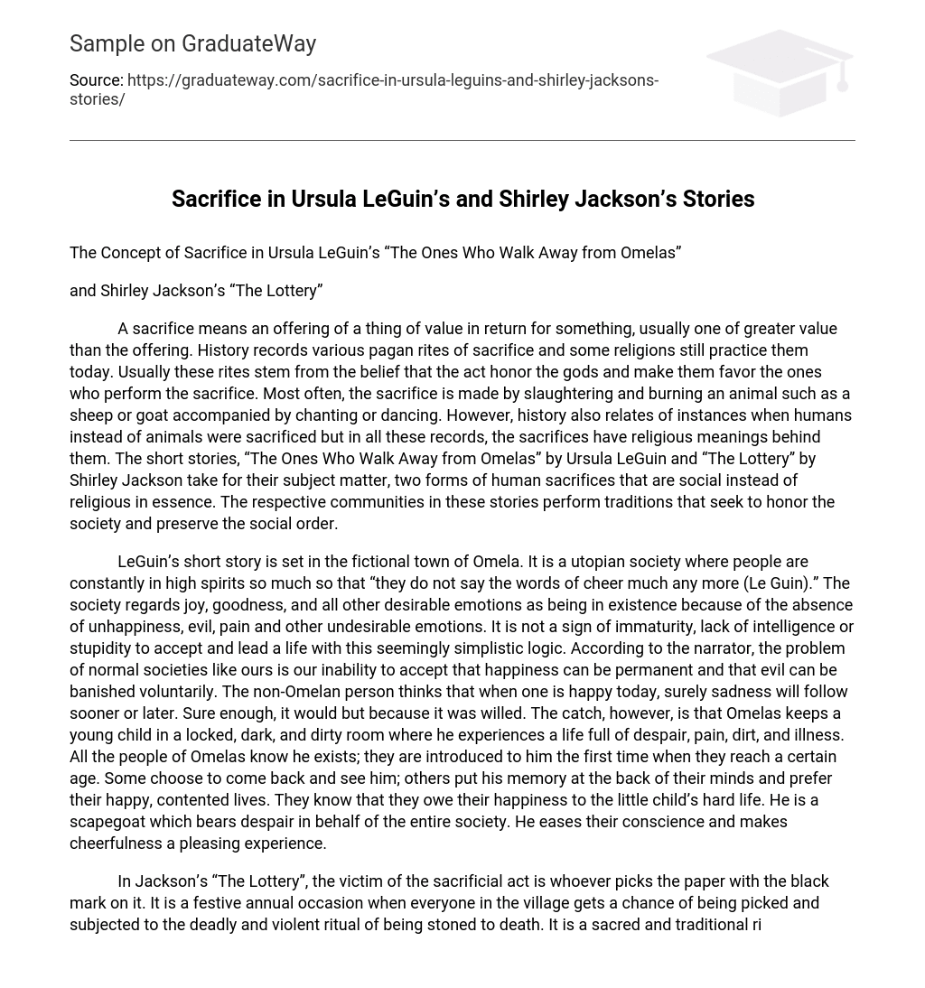Sacrifice in Ursula LeGuin’s and Shirley Jackson’s Stories