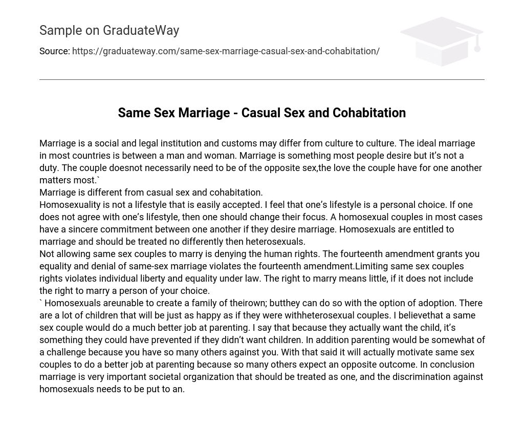 Same Sex Marriage – Casual Sex and Cohabitation
