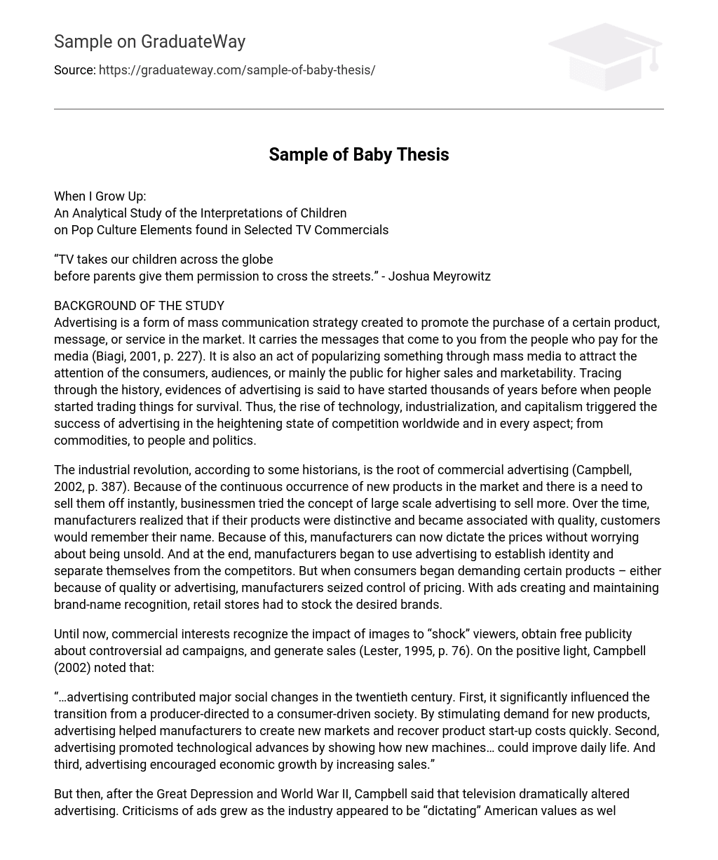 Sample Of Baby Thesis 4860 Words Free Essay Example On GraduateWay