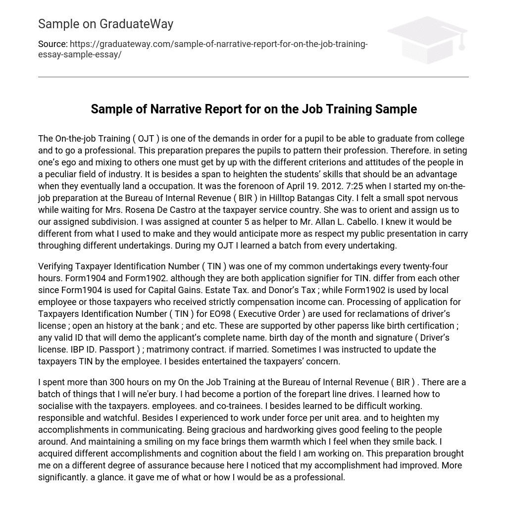 Sample of Narrative Report for on the Job Training Sample