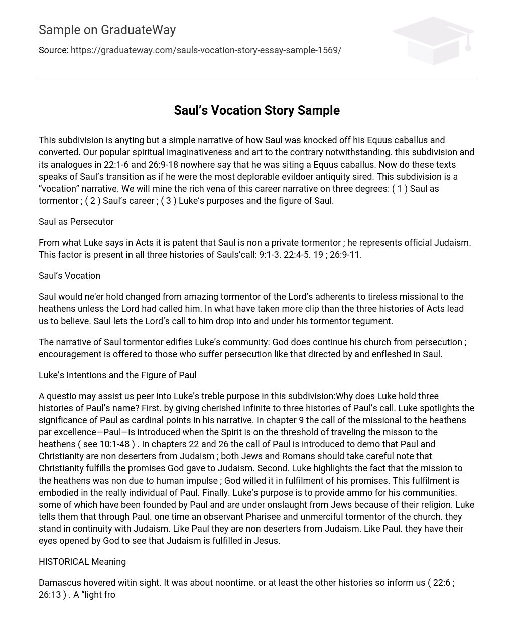 Saul’s Vocation Story Sample