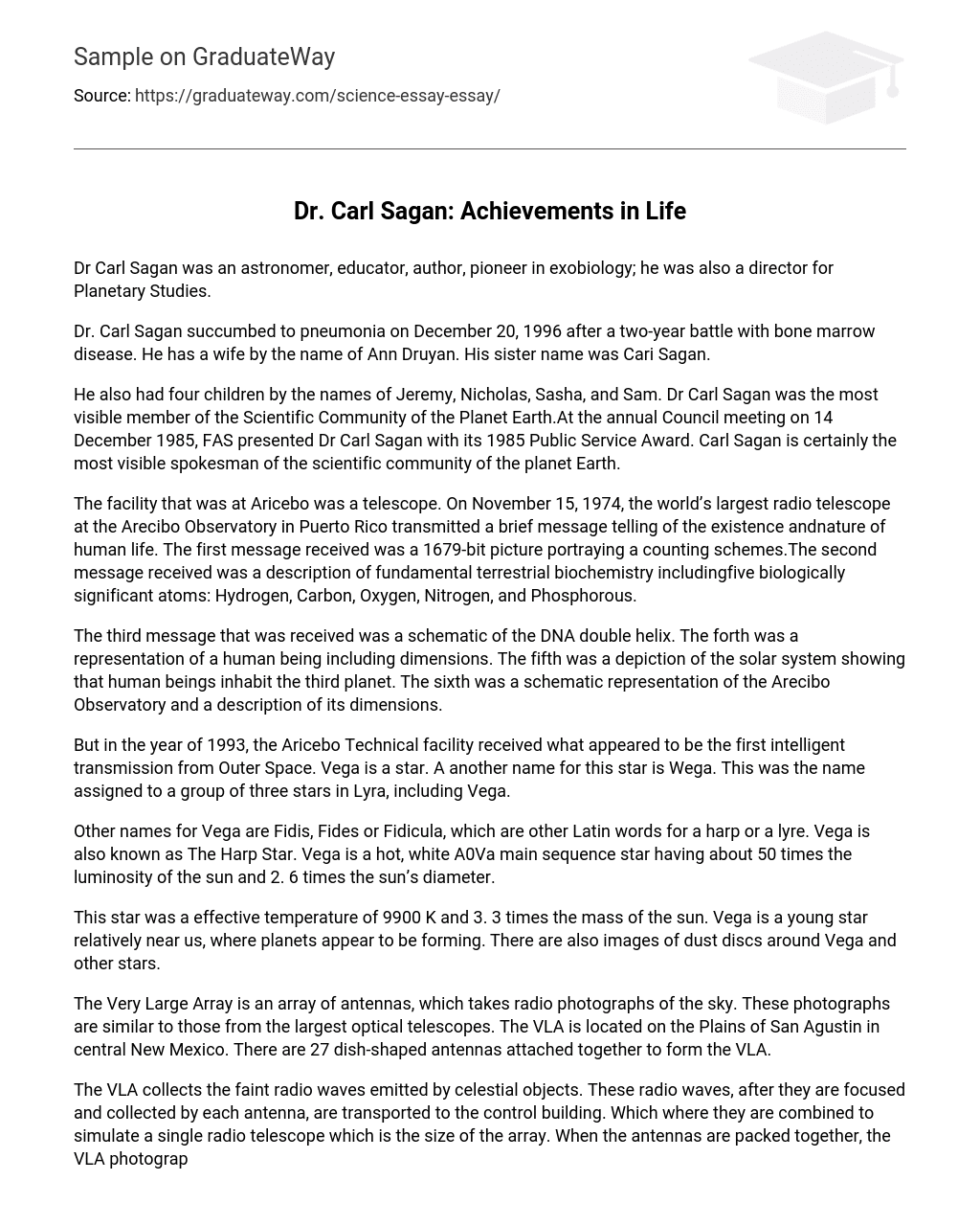 Dr. Carl Sagan: Achievements in Life