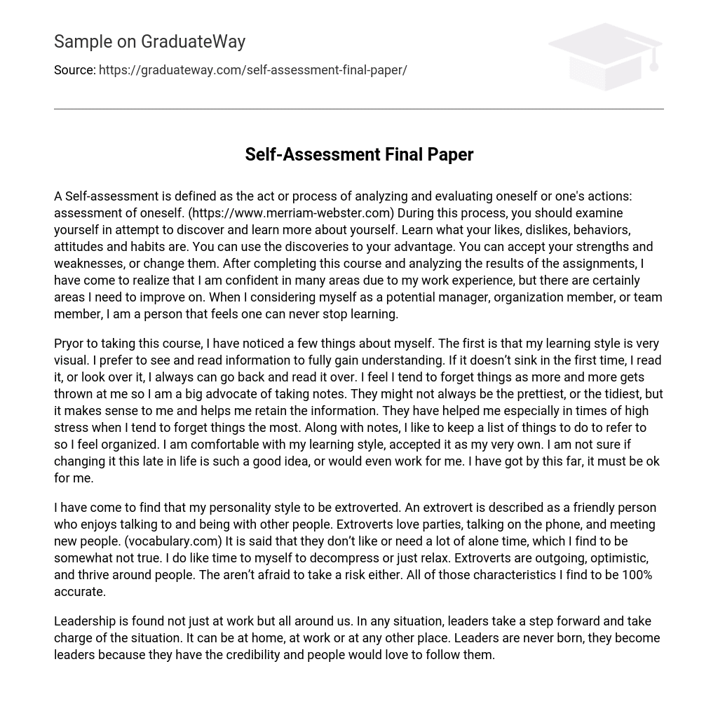  Self Assessment Final Paper Essay Example GraduateWay