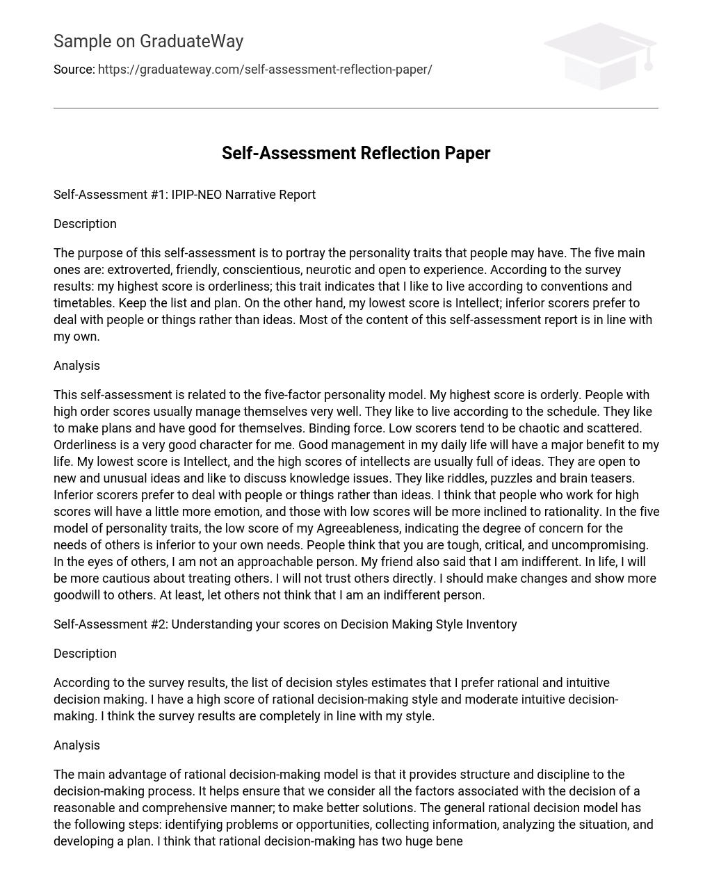 Self-Assessment Reflection Paper