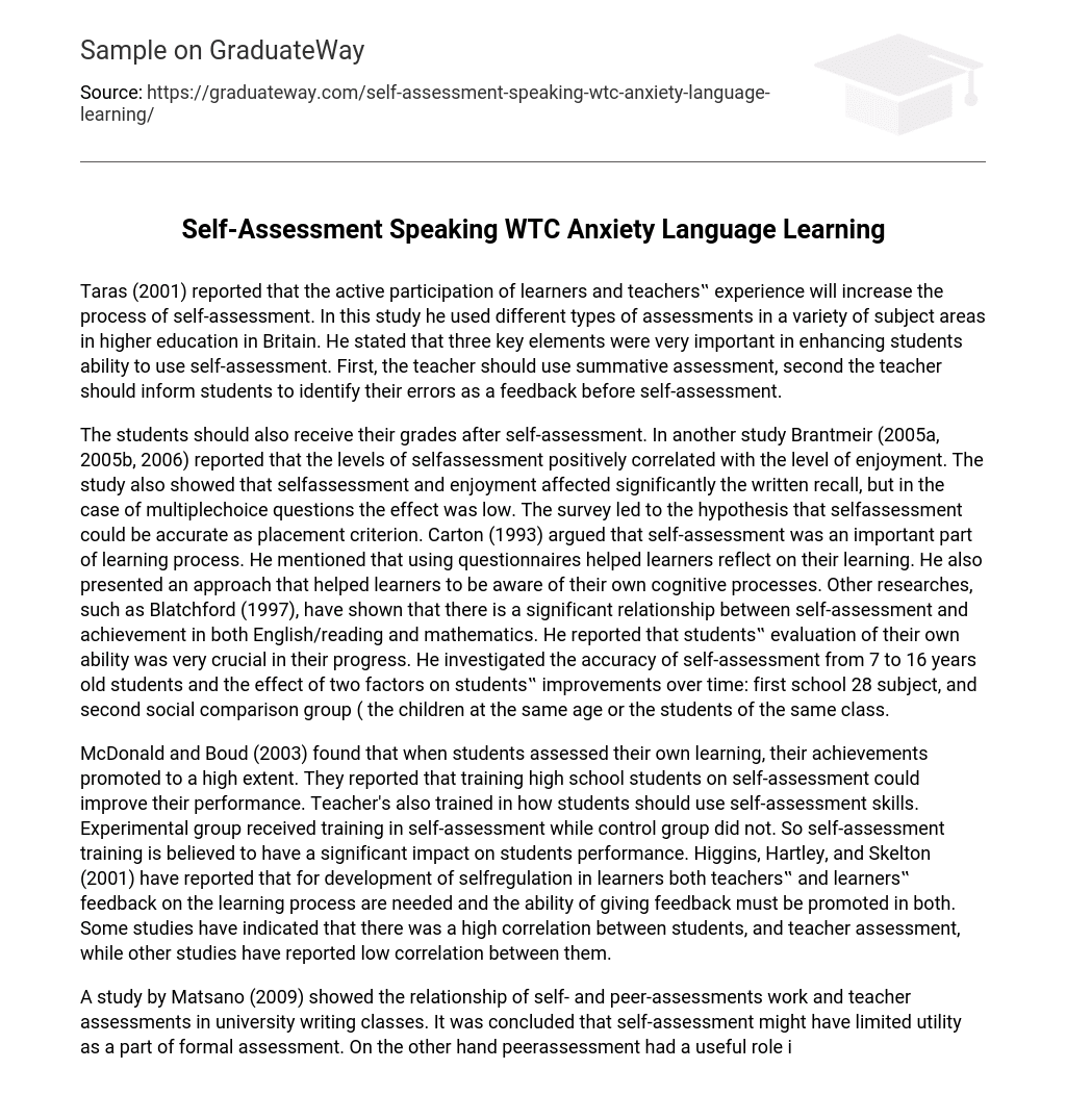 Self-Assessment Speaking WTC Anxiety Language Learning