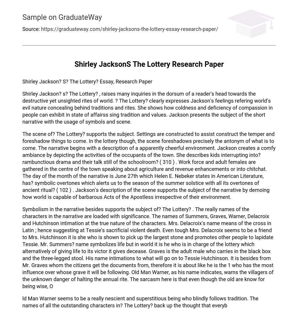 Shirley JacksonS The Lottery Research Paper