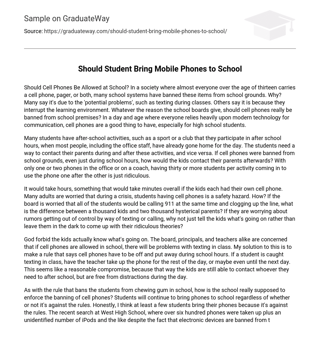 student should not bring phone to school essay