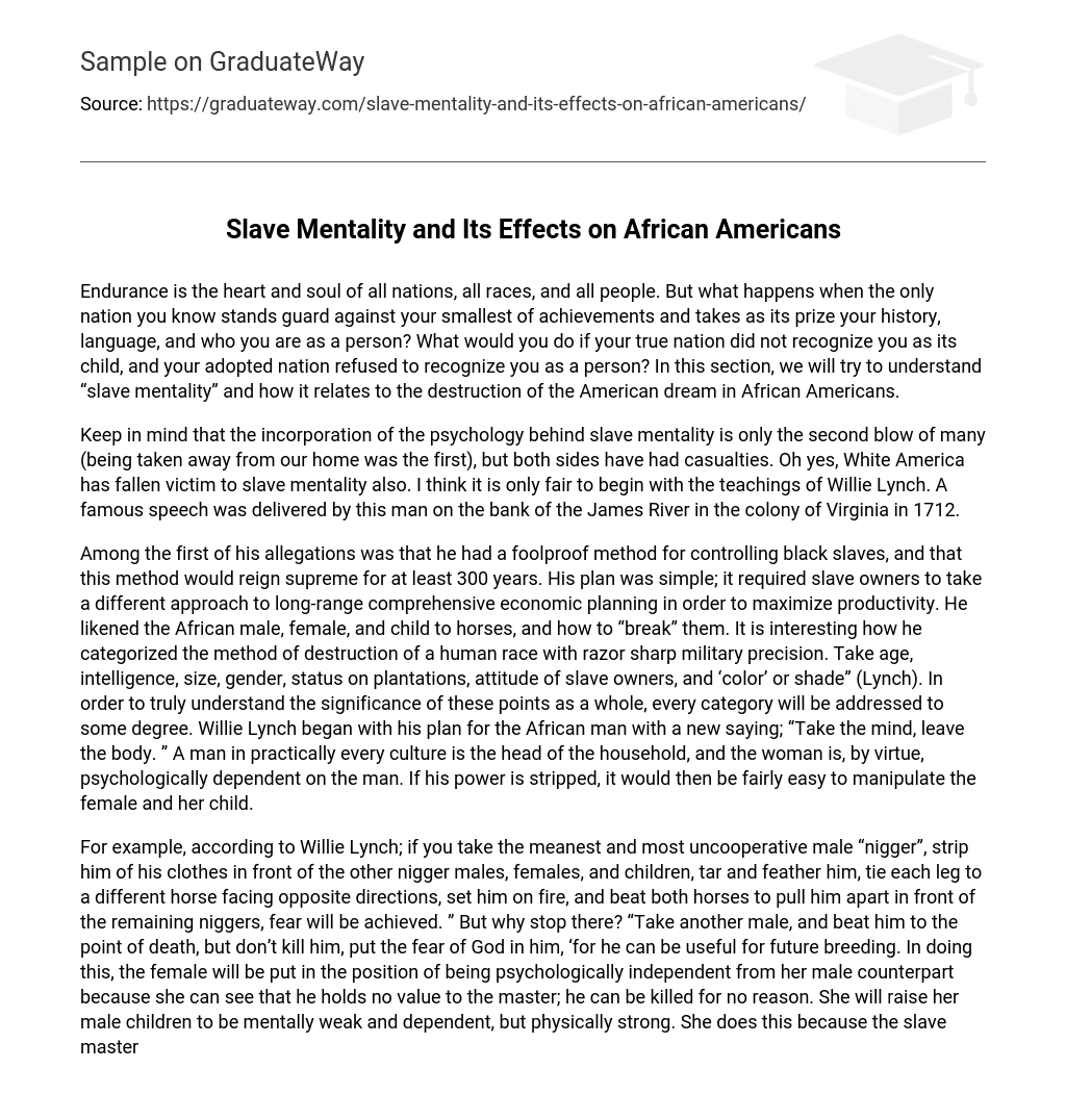 Slave Mentality and Its Effects on African Americans