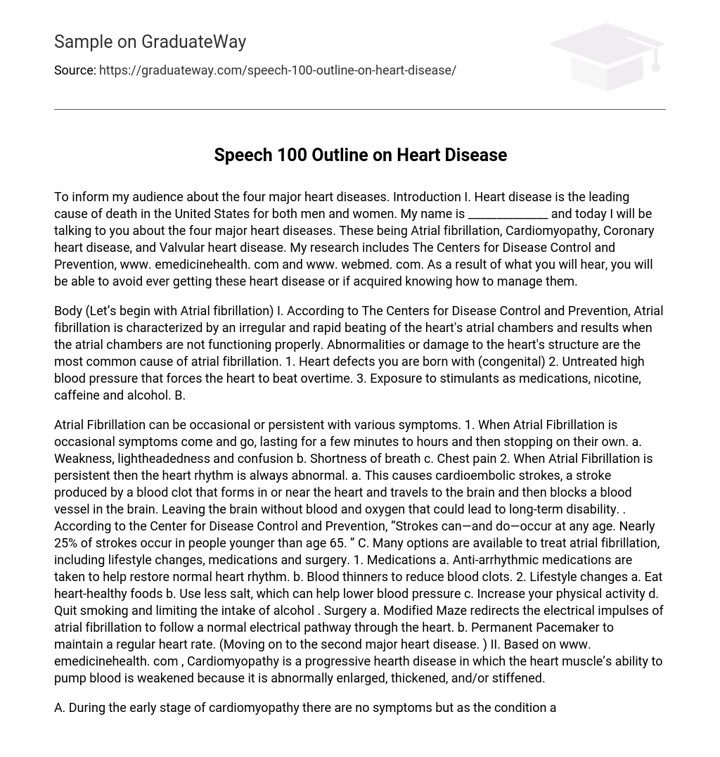 Speech 100 Outline on Heart Disease