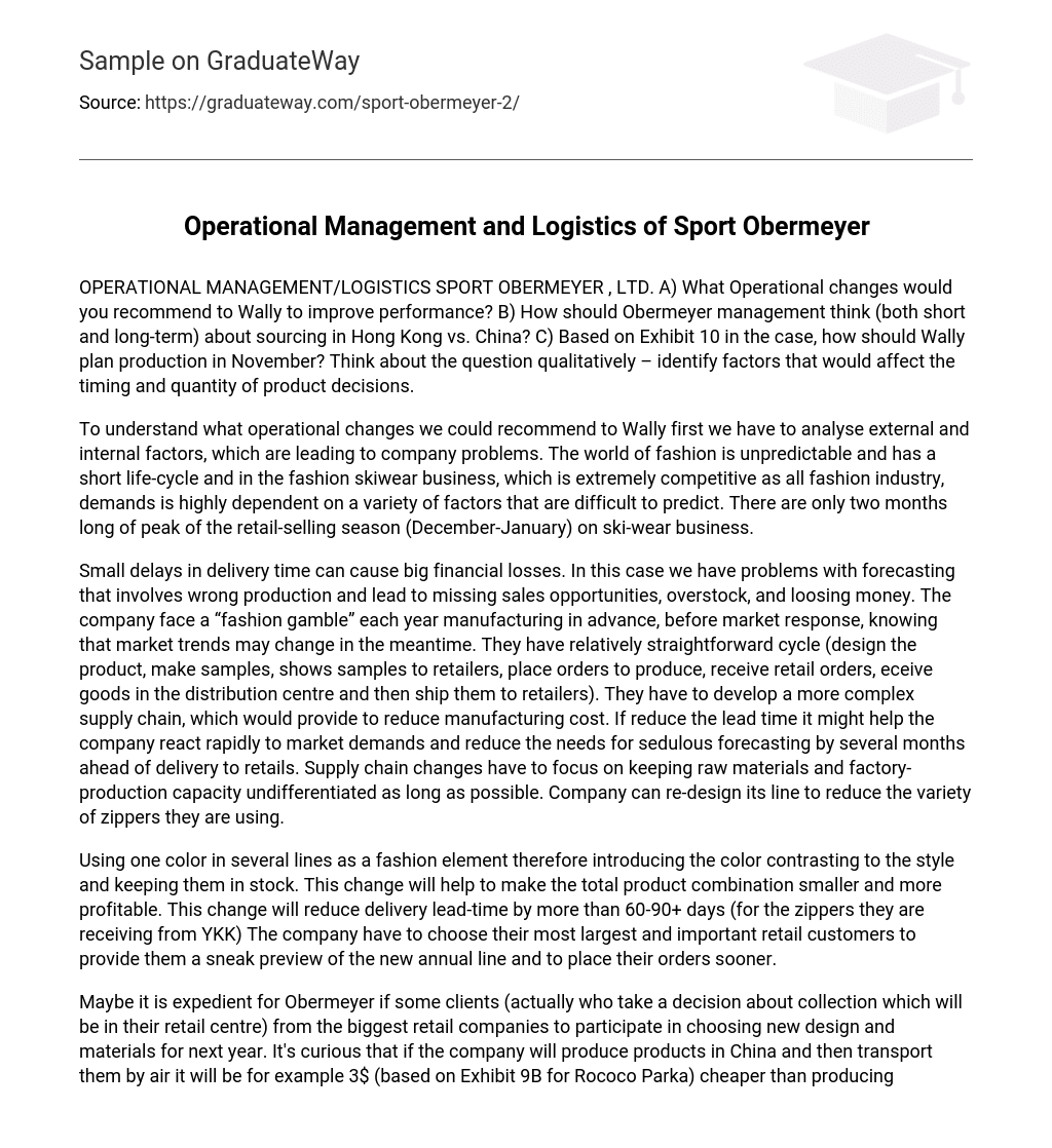 Operational Management and Logistics of Sport Obermeyer Analysis