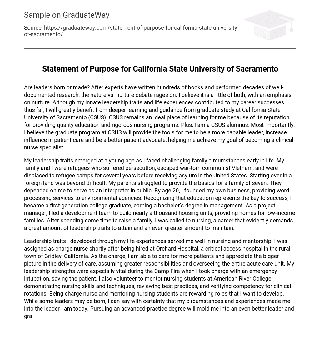 Statement of Purpose for California State University of Sacramento