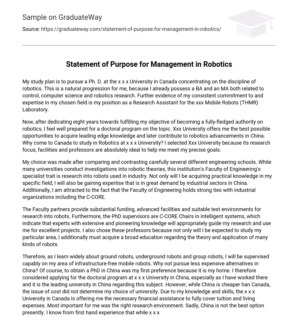 Statement of Purpose for Management in Robotics