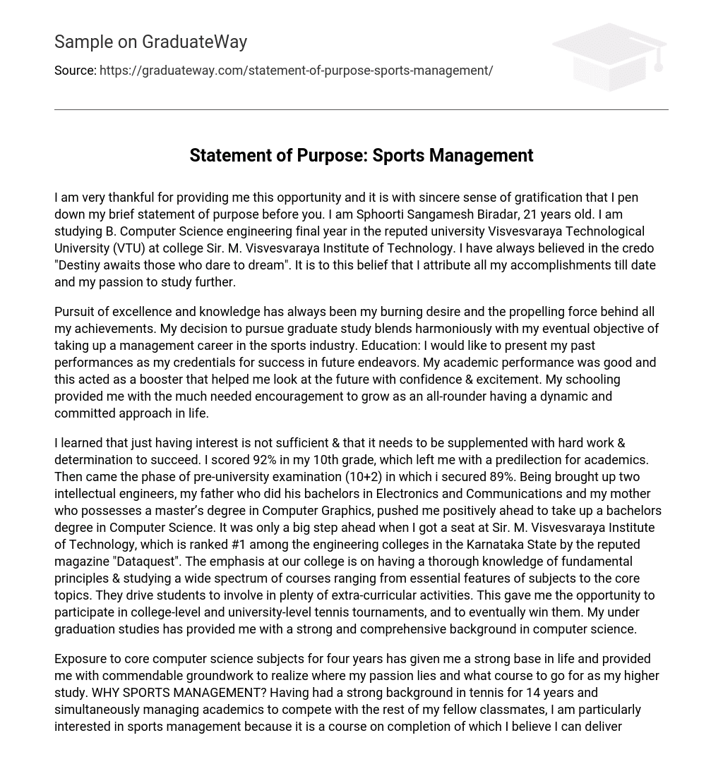 personal statement for graduate school sports management