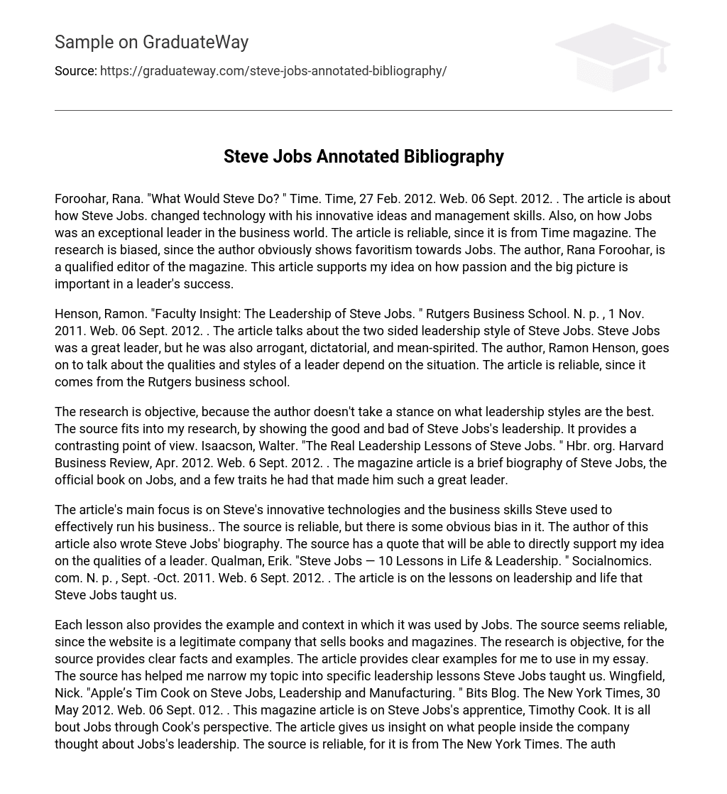 Steve Jobs Annotated Bibliography Research Paper
