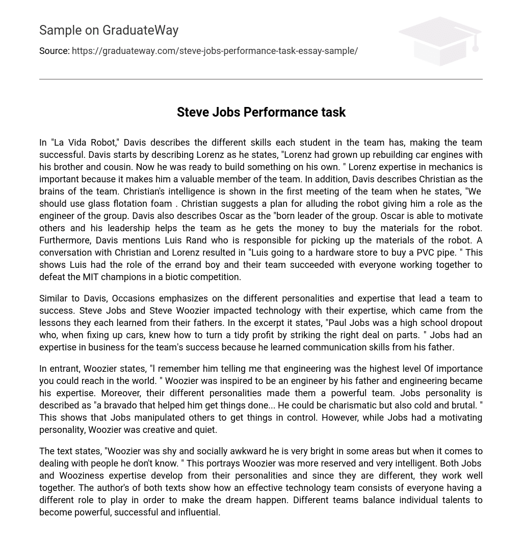 Steve Jobs Performance task Short Summary