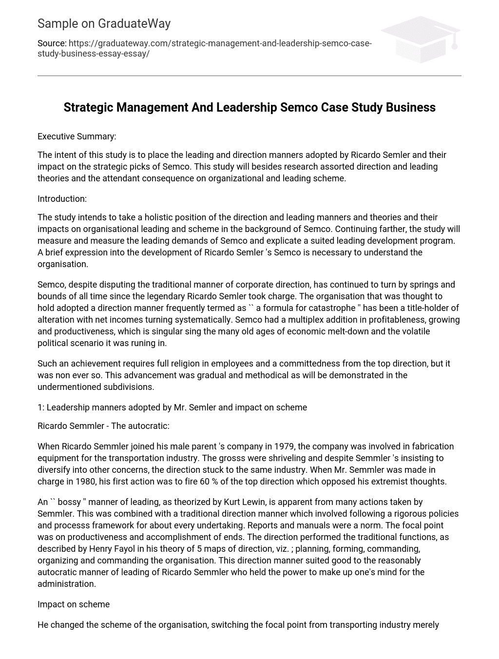 Strategic Management And Leadership Semco Case Study Business