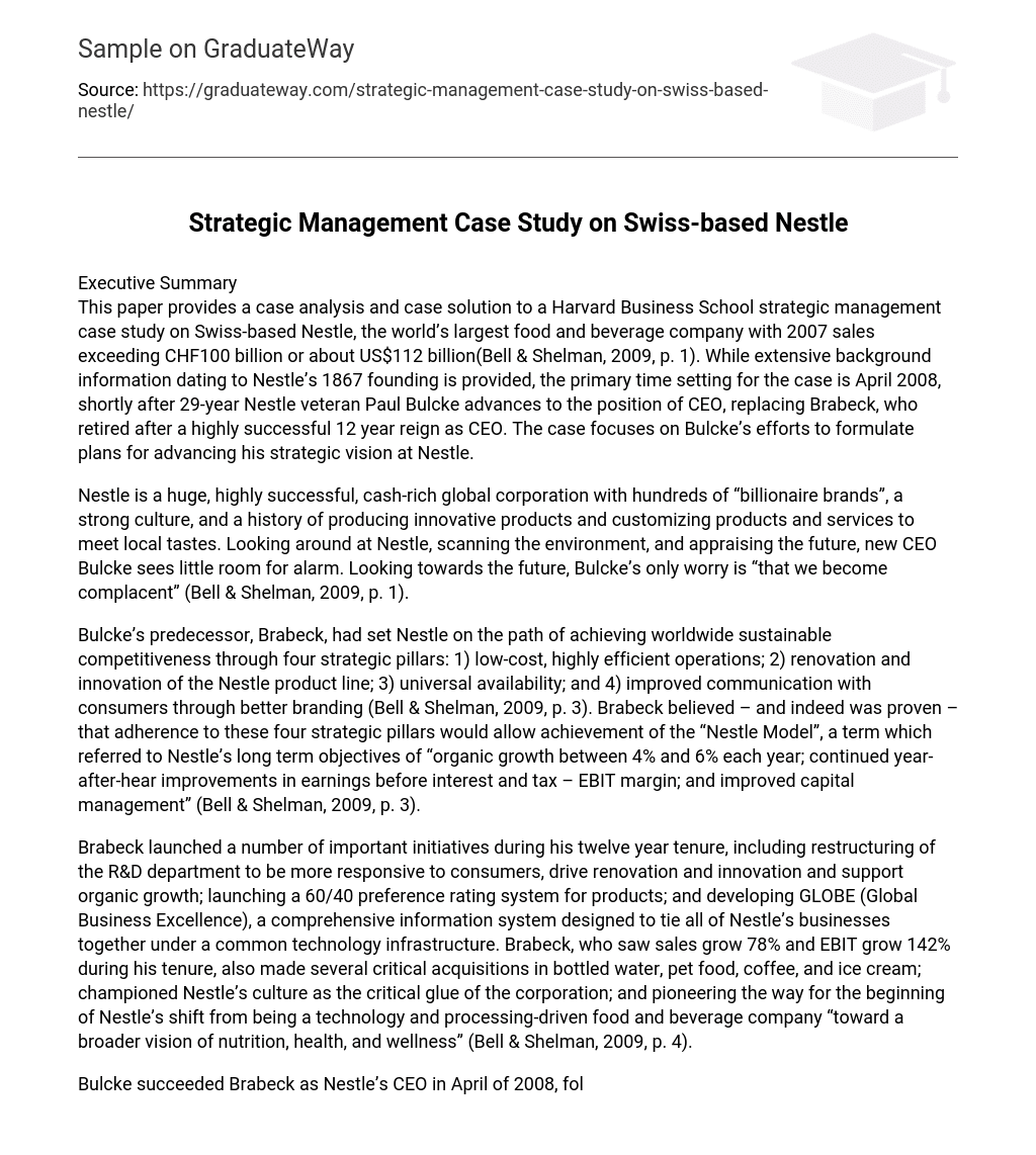 Strategic Management Case Study on Swiss-based Nestle