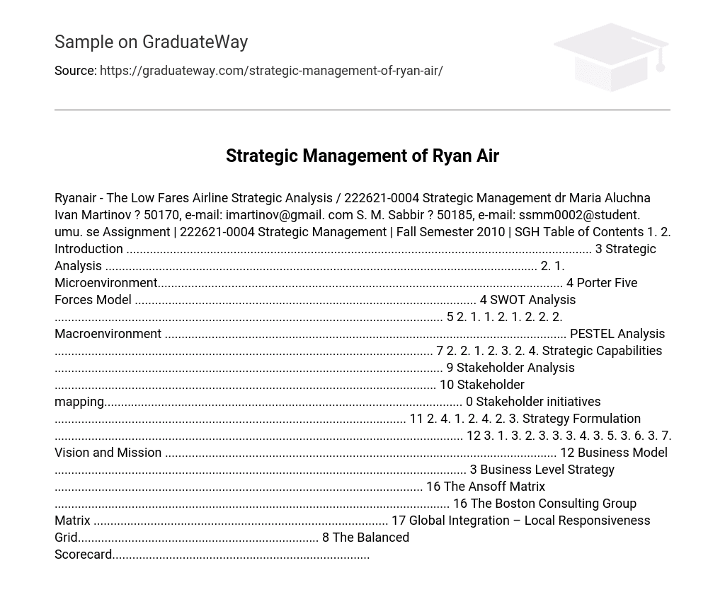 Strategic Management of Ryan Air Analysis