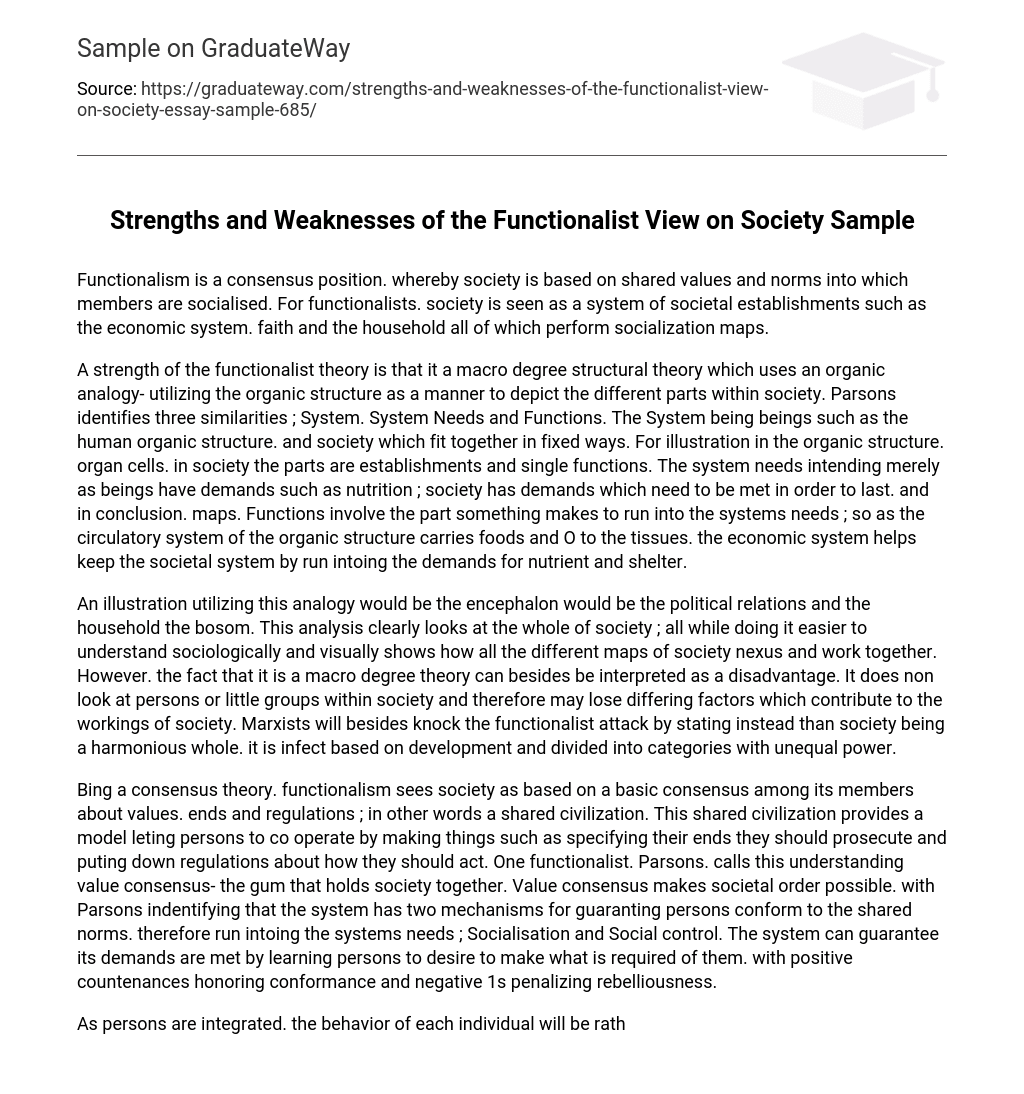 Strengths and Weaknesses of the Functionalist View on Society Sample