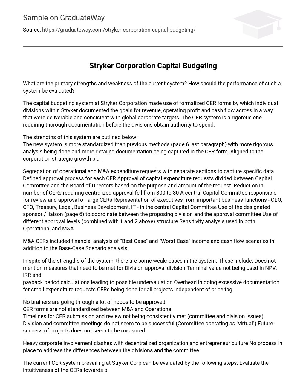 Stryker Corporation Capital Budgeting
