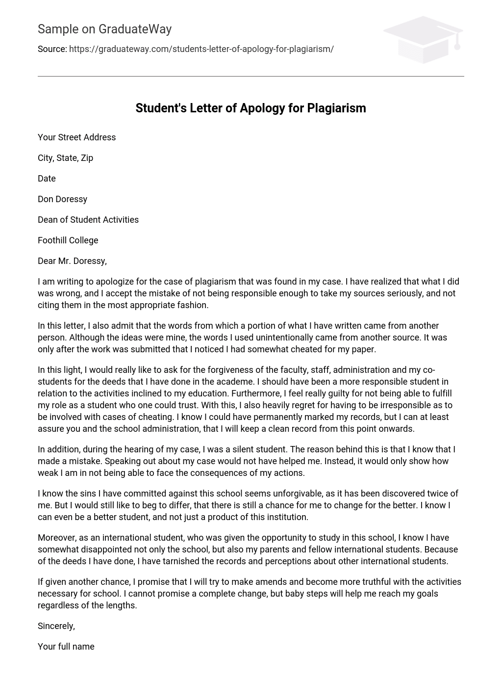 Student’s Letter of Apology for Plagiarism